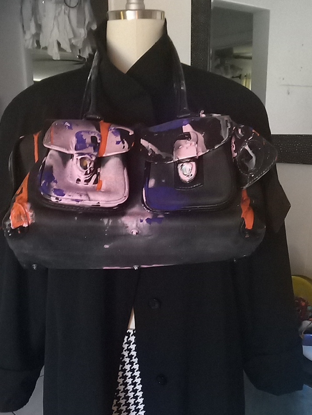 Upcycled Dooney & Bourke Black Shoulder Bag with Pink Purple and Orange Paint - Picture 5 of 6